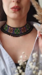 Handmade Necklace Woman American Style Native Boho Seed Bead Beautiful Necklace - Picture 1 of 9