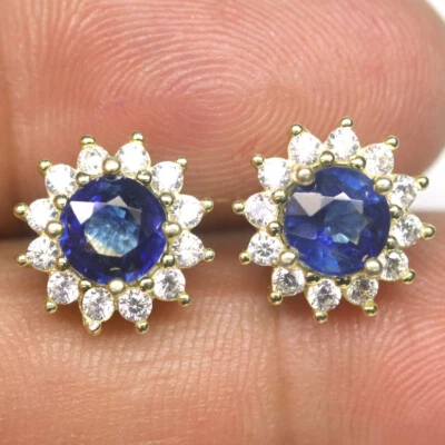 Unheated 6 mm. Blue Kyanite & Cubic Zirconia Earrings 925 Sterling Silver - Image 1 of 4