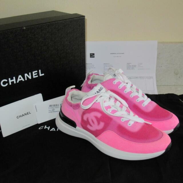 CHANEL 2020 Pink Fabric Perforated Sneakers 37.5 7