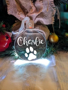 Dog Paw Pet Personalised Name Christmas Bauble LED Light Hanging Tree Decoration - Picture 1 of 12