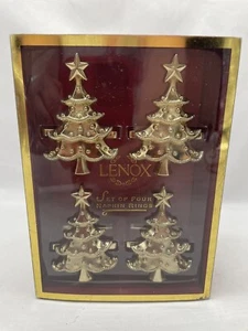 LENOX GOLD TONE SET OF FOUR CHRISTMAS TREE NAPKIN RINGS IN BOX 2 1/2" - Picture 1 of 4