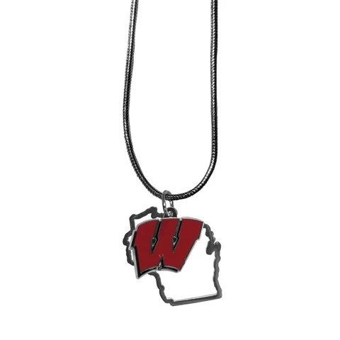 Wisconsin Badgers State Shape Charm w/ Team Logo Chain Necklace NCAA Licensed Cover