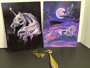 Vtg Fantasy Unicorns & Horses Folders by SUE DAWE & Brass Shoehorn & Keychain - Picture 1 of 12