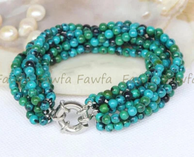 Brazalete de 8 hebras naturales de 4 mm de azurita verde con gemas redondas de crisocola de 8"" Foto 1 de 3