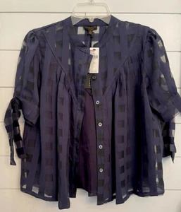 Anthropologie Sz XS Current Air Top Blouse Windowpane Sheer Women Navy Button Up - Picture 1 of 3