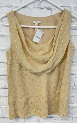 New J Crew SILK womens tank top blouse sz  2 sleeveless Gold polkadot Cowl - Image 1 of 4