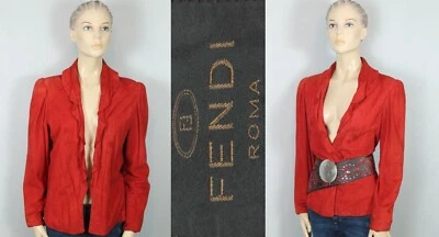 Chaqueta Blazer FENDI Roma Roja Ultra Suave Gamuza Cuero Frente Abierto con Volantes 8 Foto 1 de 4