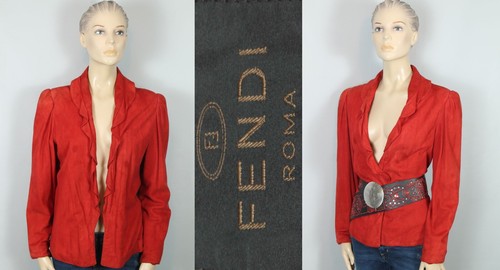 Giacca blazer FENDI Roma rosso ultra morbido pelle scamosciata aperto davanti con volant 8