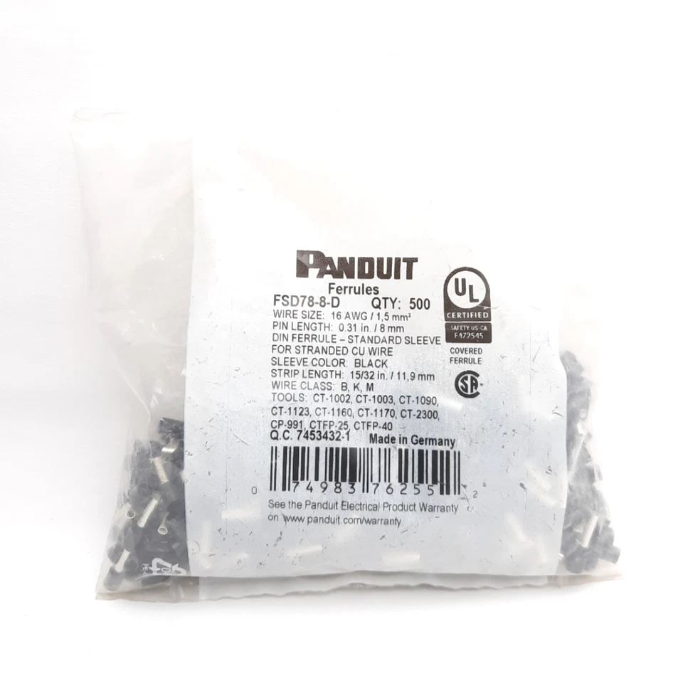 Panduit FSD78-8-D Ferrule16 AWG 8mm Black Pack of 500