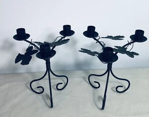 A Pair Of Vintage Black Rustic Rod Iron 3 Tiers Candles Sticks Vine Leaf Decor - Bild 1 von 7