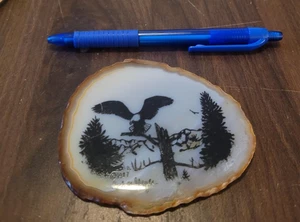 Andrea Meyer 1987 Geode Agate Slice Forest Eagle Scene Rock Art Painting Print - Picture 1 of 2