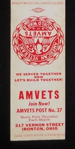 1950s AMERICAN VETERANS of WORLD WAR 2 Amvets Post No. 37 Vernon St. Ironton OH - Picture 1 of 2