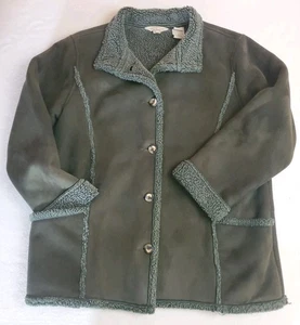 LL Bean Faux Suede Coat Faux Sherpa Shearling Lined Jacket Women’s Sz PL Green - Picture 1 of 8