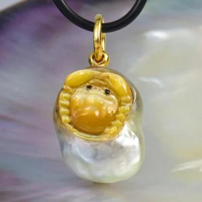 Krabbe IN Süd See Perle Anhänger Geschnitzter Perlmutt Vermeil Sterling 5.27g - Bild 1 von 4