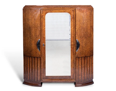 Antique Art Deco Burl Wood Mirrored Armoire Cabinet, 1930s Cover