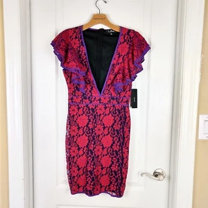 Lulus Womens Deep V-Neck Cotton Blend Lace Flutter Sleeve Sheath Dress Size S - Picture 1 of 15