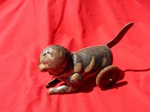 Vintage Pre-WW2 Tin Toy TIGER CAT ON WHEELS Tail Crank Winder 6" Long 4" Tall  - Picture 1 of 7