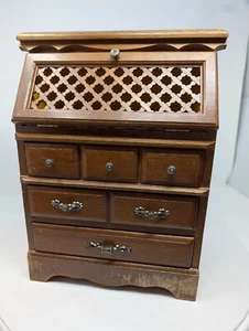 Vintage Miniature Wooden Secretary Desk Jewlery Box, 13.5" x  9.5" x 6", 1970s - Picture 1 of 24