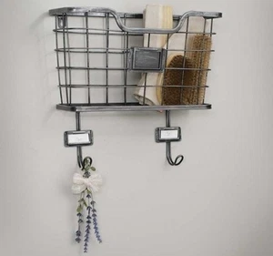 Vintage Style Metal Single Wall Basket Organizer with Hooks - Picture 1 of 1