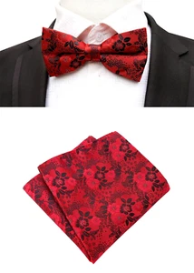 New Mens Pre-Tied adjustable Bow Tie Floral Red Silk Bowtie Hanky Party - Picture 1 of 1