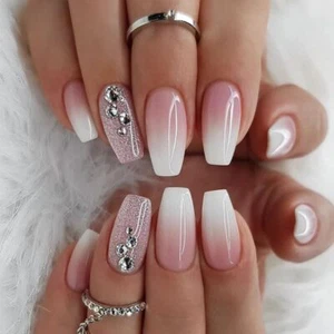 Coffin Press on Nails Medium Length Fake Nails with Rhinestone Designs Z 09 - Picture 1 of 5