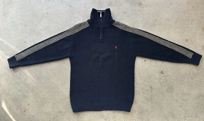 Vintage Polo Ralph Lauren Black Wool 1/4 Zip Mock Neck Arm Stripes Sweater Sz XL - Image 1 of 4