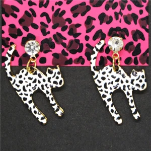 Hot White Enamel Cute Leopard Crystal Holiday gifts Women Stand Earrings - Picture 1 of 2