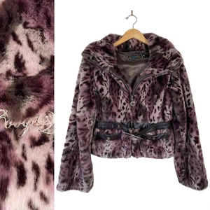 Luxurious PURPLE LEOPARD CHEETAH FAUX FUR COOGI Vtg Jacket Coat Big Collar Sz M - Picture 1 of 19