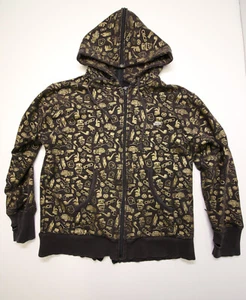Circa Split Back Zip Hoodie Sweatshirt Mens S Black Gold All Over Print Y2K Vtg - Picture 1 of 15