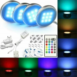 4X RGB LED Under Cabinet Light Puck Lamp Kitchen Closet Counter Cupboard Remote - Picture 1 of 12