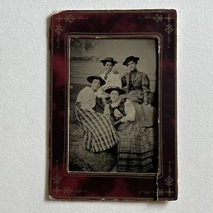 Antique Tintype Group Photograph Beautiful Affectionate Young Women Rocks Lake - Picture 1 of 12