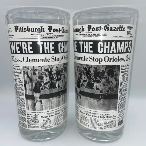PAIR (2) 1972 Pittsburgh Post Gazette PIRATES Champs Glass Tumbler World Series Cover