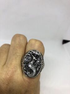 Vintage Mermaid Men's Ring Southwestern Silver Mother Of Pearl Inlay Size 8.5