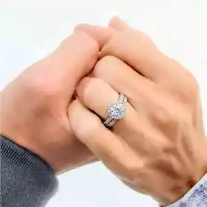 Round Cut Moissanite Bridal Set Engagement Ring Solid 14K White Gold 2.50 Carat - Picture 1 of 10