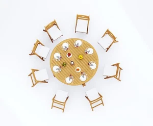 9-Piece Outdoor Teak Dining Set: 72" Round Table, 8 Folding Arm Chairs Surf - Picture 1 of 7