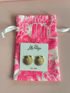 Lilly Pulitzer Neu mit Etikett Muschel Ohrringe goldfarben Ohrstecker 1" hoch rosa Kordelzug Tasche - Bild 1 von 5