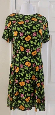 VTG IMPRESSIONS of CALIFORNIA 90s Short Sleeve Dress Yellow Green Plum Floral M - Imagem 1 de 4