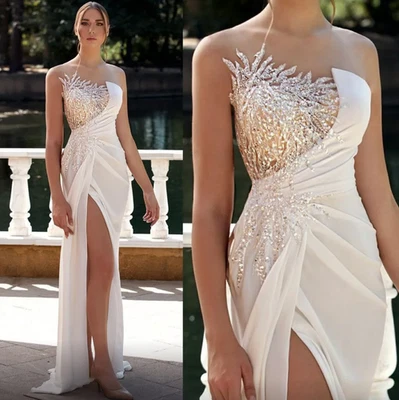 Classic Women Wedding Dress Strapless Sleeveless Bridal Gowns Sequins Split Side - Image 1 of 4