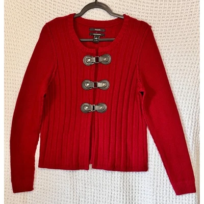 Cardigã suéter Tahari Merino mistura de lã malha vermelha com detalhe de fivela tamanho G - Imagem 1 de 4