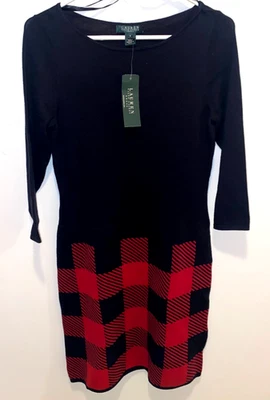 Ralph Lauren Sweater Dress Womens sz S Black Red Plaid Knit 3/4 knit NWT classic - Image 1 of 4