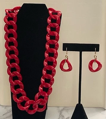 Acrylic Link Chain Statement Red 18" Necklace & Pierced Earrings Gar4-64 - Image 1 of 4