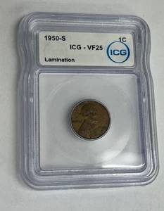 1950 S 1 Cent Wheat Penny ICG VF25 Lamination - Picture 1 of 7