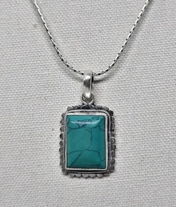VTG 90’s 925 Sterling Silver Turquoise Pendant 20" Cardano Chain Necklace - Picture 1 of 7
