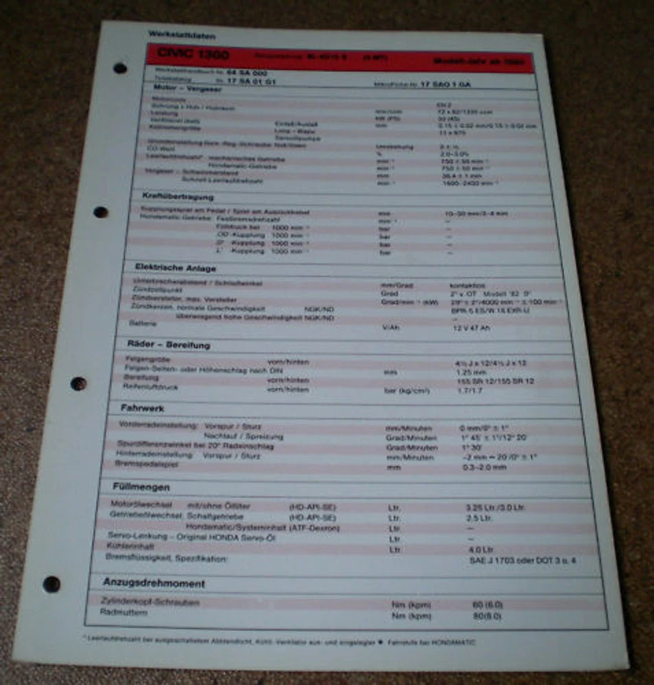 Hoja De Inspección Honda Civic 1300 - Tipo 4 MT - Desde El Año De Modelo 1980! - Imagen 1 de 1