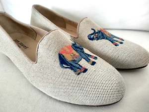 Jon Josef Embroidered Gatsby Shoes Flats Beige Tweed w/Elephants Womens Sz 10 M - Picture 1 of 14
