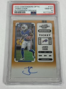 2022 Panini Contenders Optic James Cook Orange RC Ticket # /50 Auto PSA 10 Pop 2
