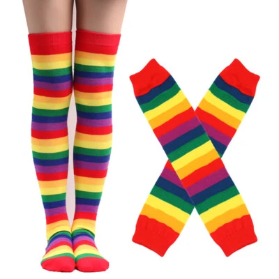 Mujeres Arco Iris Colorido Rayas Calcetines Largos Calentador de Brazo Guantes Sin Dedos Conjunto Foto 1 de 4