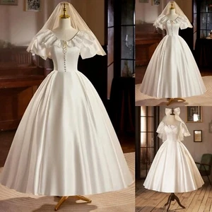 Short Wedding Dresses Tea Length Satin Elegant A Line Short Sleeves Bridal Gowns - Picture 1 of 11