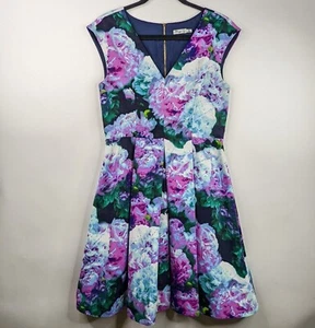Eliza J Womens 8 Blue Purple Floral Cap Sleeve Fit Flare Knee Length VNeck Dress - Picture 1 of 12