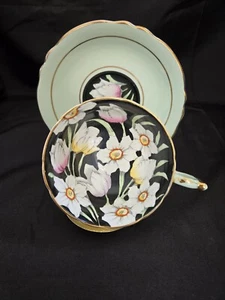 Paragon Teacup Saucer Set Vtg Green Black W/Tulips Daffodils Gilt Double Warrant - Picture 1 of 11